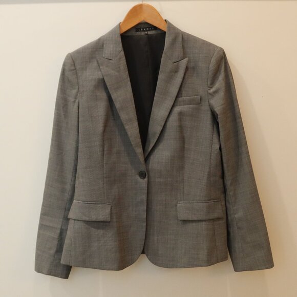 THEORY womens blazer jacket wool black white tweed 12 business office classic - Picture 2 of 10